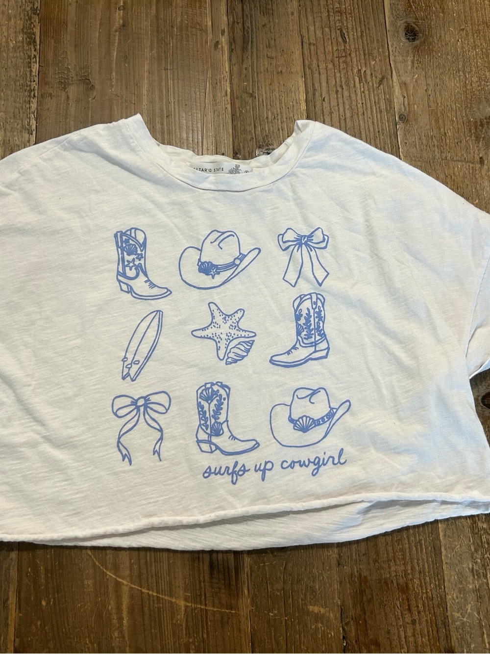 ALTAR’D STATE Surf's Up Coastal Cowgirl White Graphic Cropped Tee Small